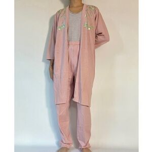 Carol Patterson Knits Vintage Embroidered Pink Knit Linen Lounge Set